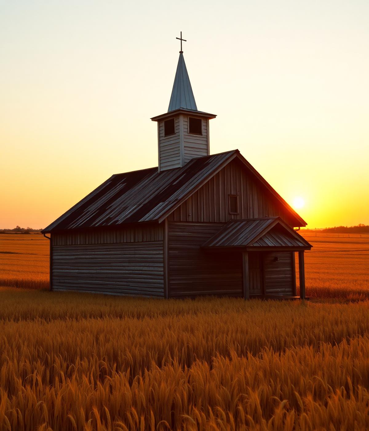 Weathered country church in a golden wheat field at sunset